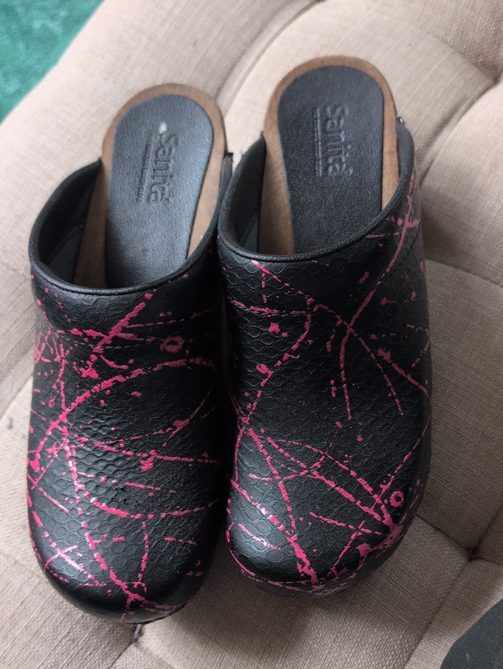 Sanita Black Mules with Pink Paint-Splash Design